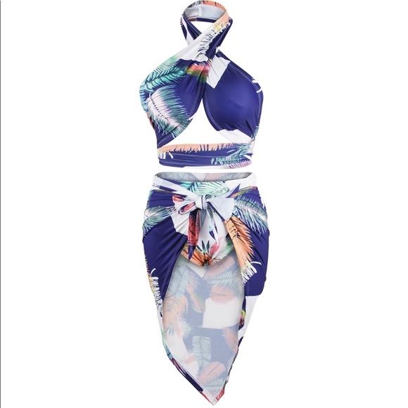 NWOT Palm Printed 3 Piece High Waist Bikini Swimsuit & Cover up sz M - Picture 1 of 6